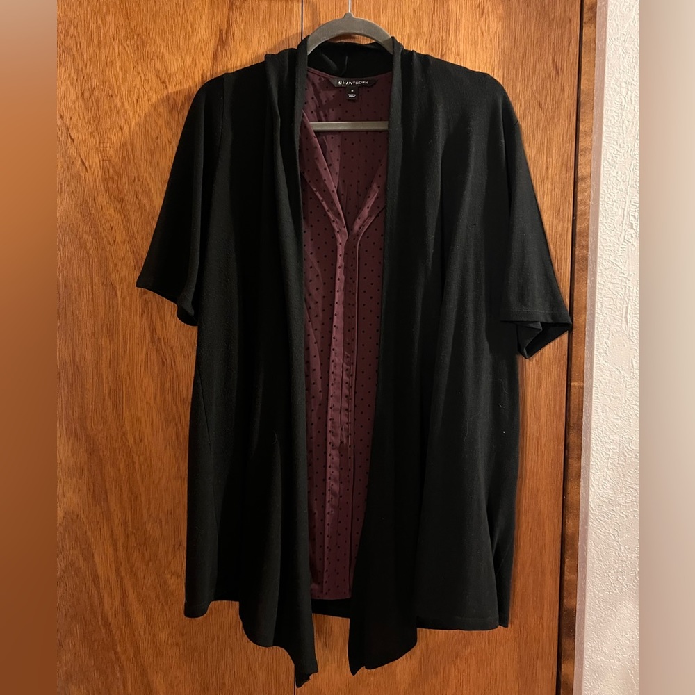 Short sleeved open cardigan and sleeveless blouse
